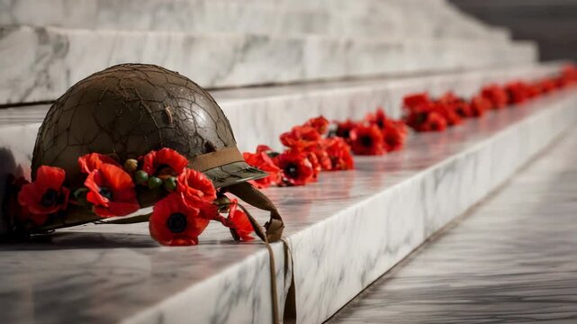 Military helmet resting on marble with red poppy flowers