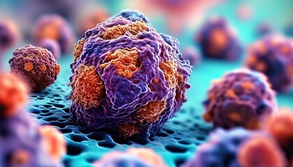 Microscopic view of cancer cells, detailed 3D medical illustration of tumor growth on tissue surface