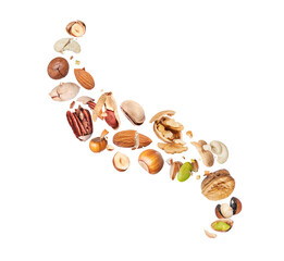 Assorted nuts arranged in a curved shape on a white background