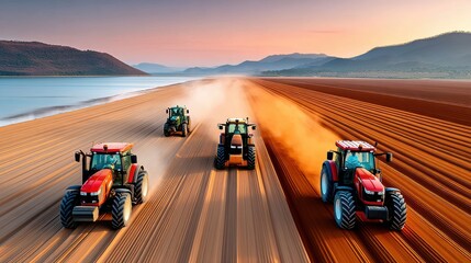 Four tractors plowing a field during a scenic sunset near a water body