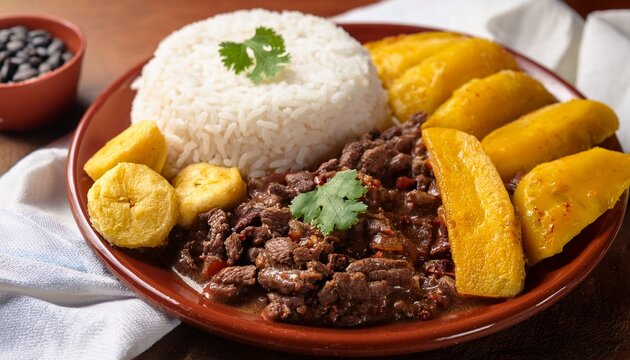 venezuelan pabellon criollo with shredded beef rice black beans and plantains