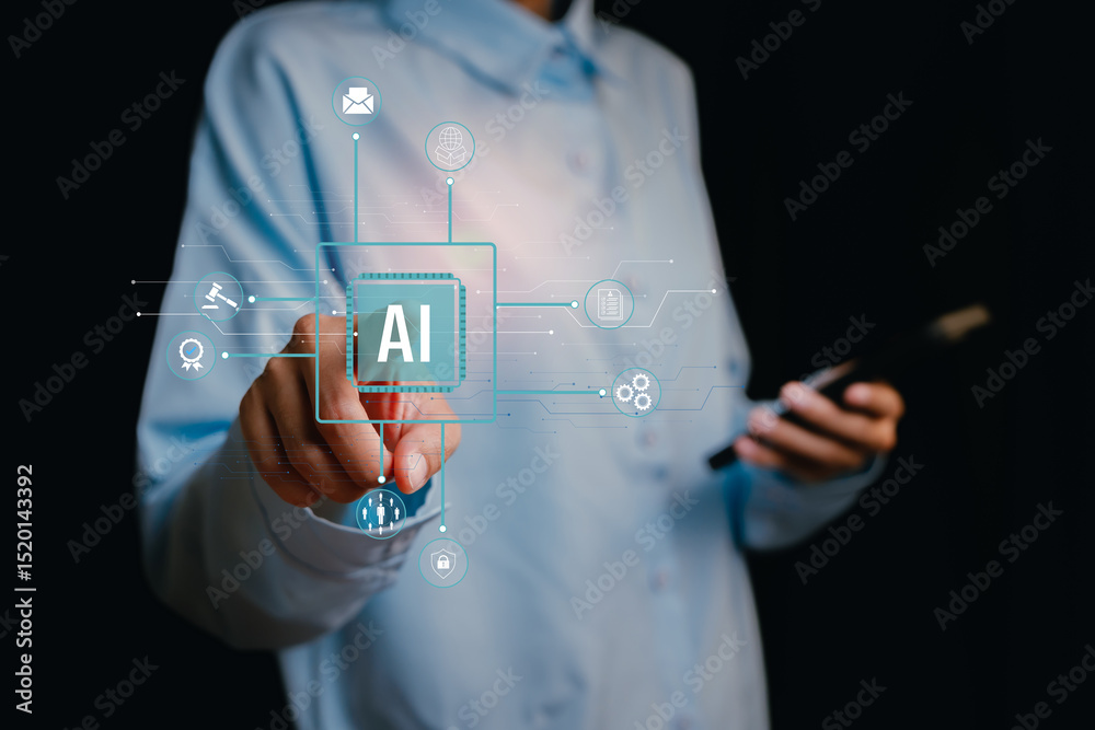 Poster ai concept. professional interacting with digital interface showcasing artificial intelligence conce