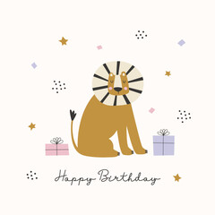 Birthday greeting card with cute lion, colorful confetti, presents and greeting typography.