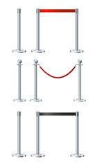 Retractable belt rack. Portable tape barrier. Red tape for fencing. Red carpet with red ropes on silver supports. Exclusive event, movie premiere, gala concert, awards ceremony.