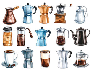 Hand-Painted Moka Pots, Turk, and Coffee Grinder Set