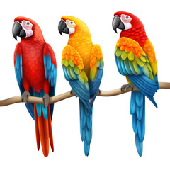Three colorful parrots on a tree branch