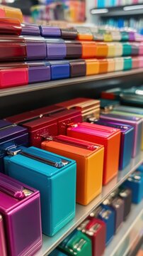Colorful rectangular boxes with handles arranged on shelves in a retail display setting showcase variety