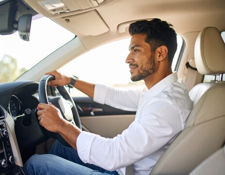 Primer plano de una persona joven con barba conduciendo un autom&oacute;vil, vista desde el interior del veh&iacute;culo con luz natural