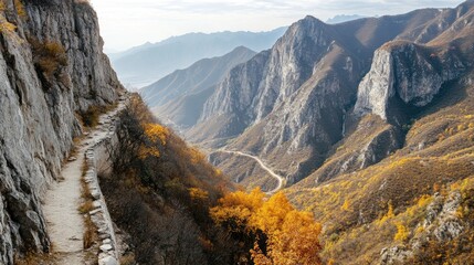 Isolated section of the Great Wall winding around a sharp mountain curve with dramatic landscape