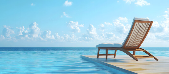 Reclining lounge chair and side table by infinity pool at luxury beach resort with serene ocean view on a summer day with empty text space