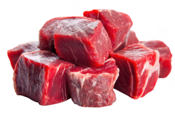 Pile of raw beef cubes isolated on transparent background, ready for cooking