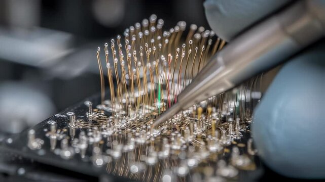 Gloved engineer uses tweezers and a soldering iron to repair a microchip, connecting thin golden wires to a circuit board in a close up view of electronics manufacturing