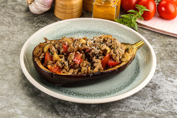Baked eggplant stuffed meat and tomato