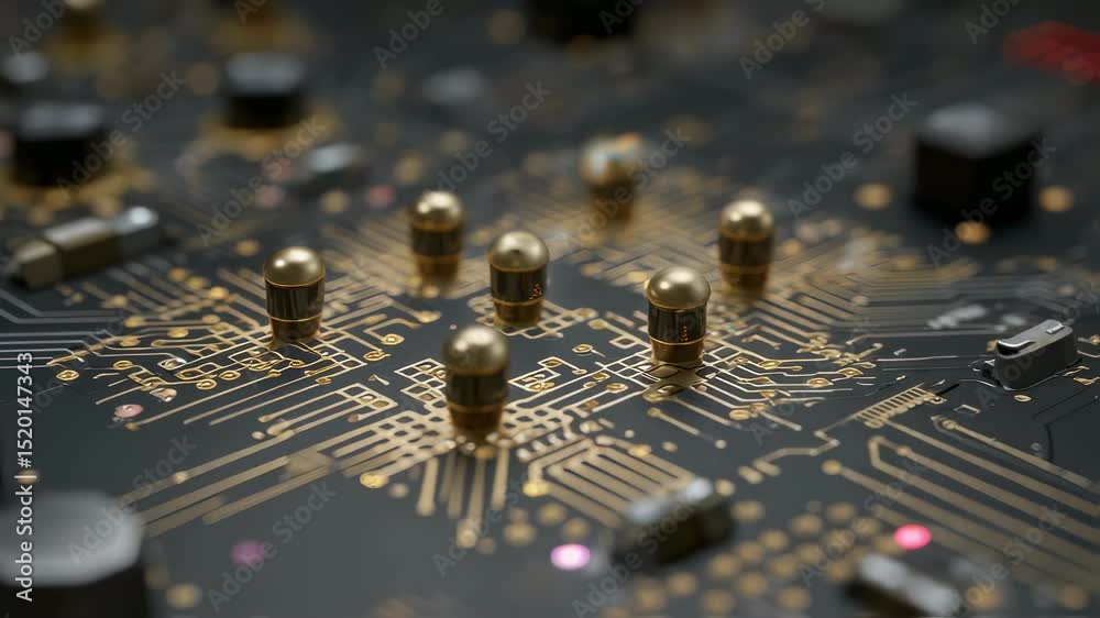Poster golden components on a black electronic circuit board are subtly changing positions, creating a dyna