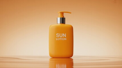 Modern orange square pump bottle labeled “SUN LOTION” standing on warm-toned surface with gradient background for skincare product concept