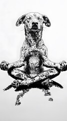Detailed ink drawing of a dog in a meditative pose.