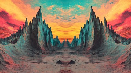 Jagged mountain columns layered into the distance beneath a vibrant, cloudy sunset sky