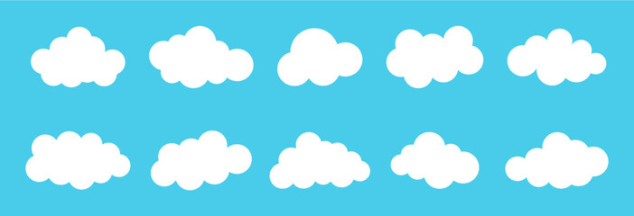 White fluffy cloud silhouettes on blue background. Minimalist cloud set ideal for web design, apps, kids' books, weather icons, and eco-themed graphics