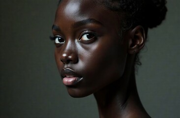 Sophisticated image of a black young woman portrayed with elegance and charm. Dark background. Close up face for fashion shooting campaign.