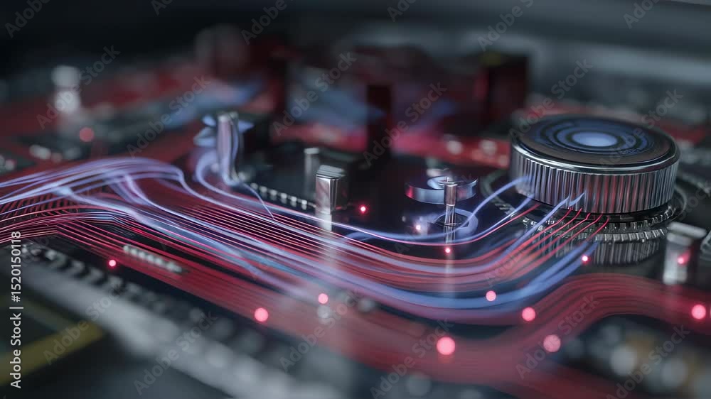 Poster glowing energy streams pulsate and flow across a futuristic circuit board, illuminating red nodes an