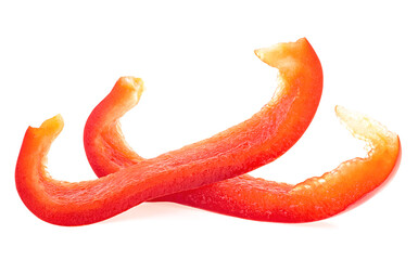 Sweet pepper slices isolated on a white background, paprika. Red bell pepper sticks.