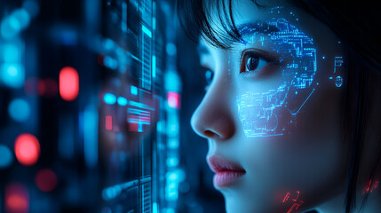 Cyberpunk Vision, Exploring the Intersection of Technology and Human Identity, Unveiling the Next Frontier of Digital Innovation, Education technology concept Women use Laplets Learn online webinars