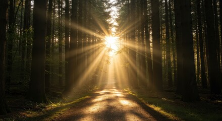 Sun rays shining through tall trees in a forest illuminating a dirt path