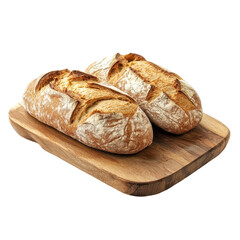 Naklejka premium Freshly baked bread loaves on wooden board in cozy kitchen setting during morning hours