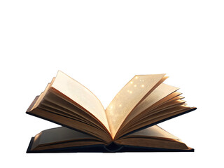 An open book with blank pages resting on a dark surface illuminated by a soft light source above it