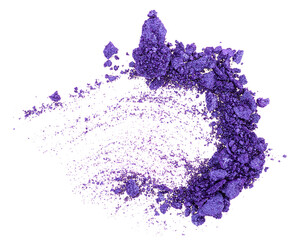 Crushed violet eyeshadow isolated on a white background, top view. Purple eye shadow.