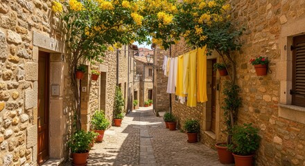 Obraz premium Charming Italian alleyway with stone buildings, flowers, and hanging laundry
