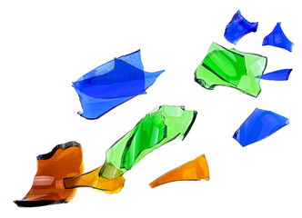 Pieces of broken glass different colors isolated on a white background, top view. Glass shards, broken bottle.