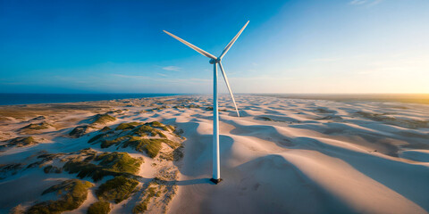 Vista aérea dos cataventos no litoral do Ceará gerando energia limpa e renovável sobre dunas de areia, vegetação de restinga e dunas semi fixas
