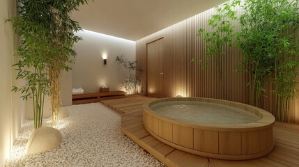 Japanese-style wooden soaking tub in a serene spa environment with soft lighting and bamboo accents