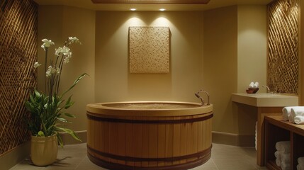 Japanese-style wooden soaking tub in a serene spa environment with soft lighting and bamboo accents