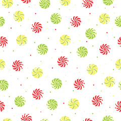 Colorful seamless pattern with swirl candy illustrations in red, green, and yellow tones on a white background. Perfect for holiday packaging, wrapping paper, children&rsquo;s products, festive backgrounds.