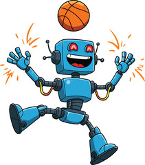 Joyful blue robot playing basketball cartoon vector illustration