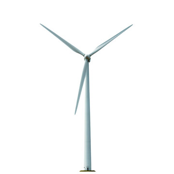 Gerador e&oacute;lico branco gigante de energia renov&aacute;vel, com as h&eacute;lices paradas, base de sustenta&ccedil;&atilde;o e porta para a entrada