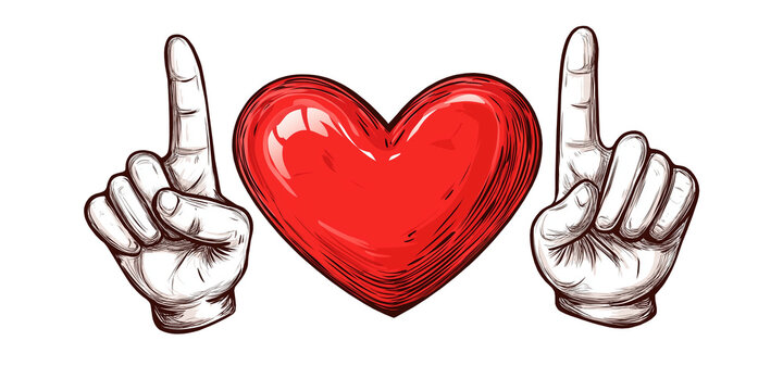Illustration of a hand forming a heart sign to express love. Ideal for Valentine’s Day, romance, and emotional messages on white or transparent background.