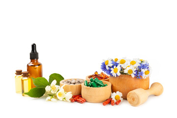 Alternative medicine herbal capsule organic drug isolated on white background.Assortment of herbal...