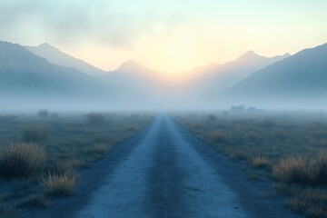 Tranquil Road Journey Through Misty Mountain Landscape at Sunset - Explore Scenic Outdoors and Serene Wilderness Views