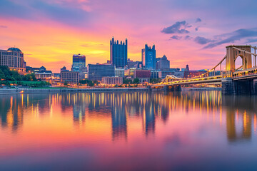 Fototapeta premium City skyline reflecting in river with a beautiful sunset in the background