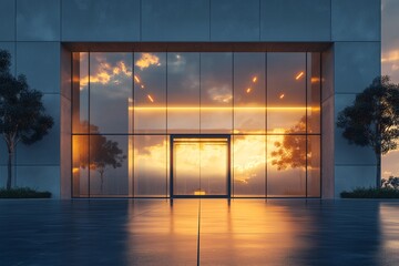 Modern Architecture Building with Glass Windows Reflecting Sunset - Contemporary Urban Design Featuring Elegant Facade and Tranquil Cityscape View