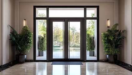Fototapeta premium Elegant hall with black steel-framed glass double doors and parquet flooring with plants