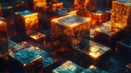 Abstract metallic cubes glowing with orange light in dark space