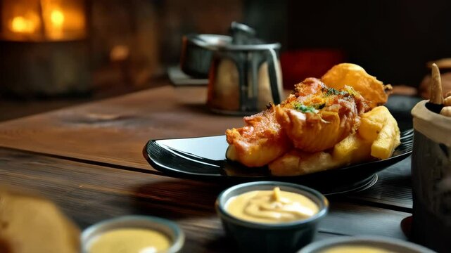 Close-up shot of fresh, steamy fish and chips served with lemon wedges and dipping sauce on a rustic wooden table near a fireplace.