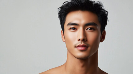 Portrait of a young male asian model, age 25, attractive man, publicity poster for skin care. Copy space available. gray background.