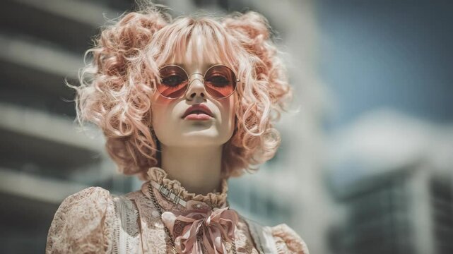 young Caucasian woman in pink Lolita cute dress, pink curly double pony tail hairstyle look elegance at city street 