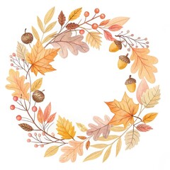 Vibrant watercolor wreath showcasing the beauty and colors of autumn with leaves, acorns, and berries