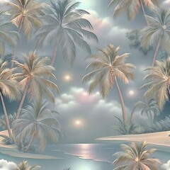 Tropical palm tree pattern with a serene landscape under cloudy sky  